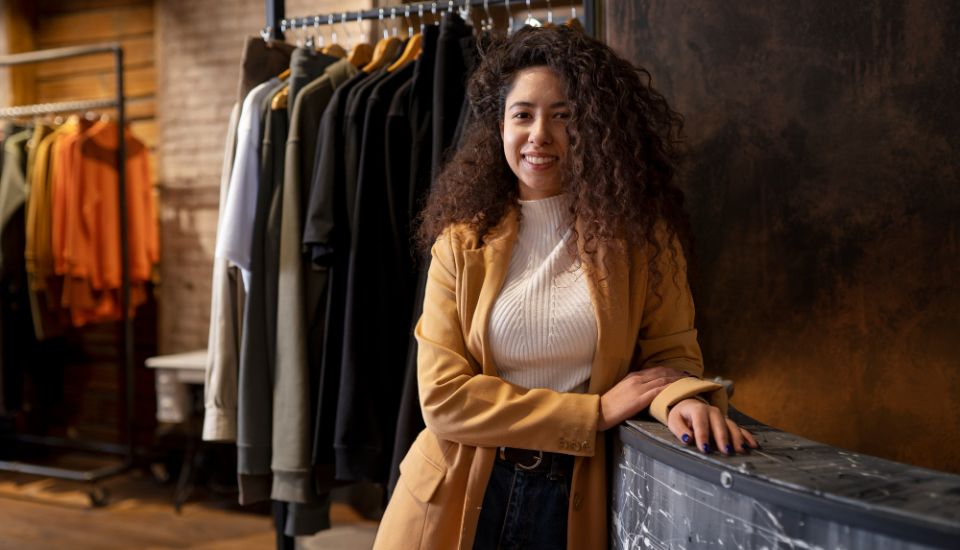 female business owner looks at camera in clothes store